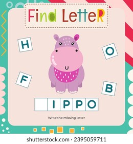 Word activities for Letter Tracing Book. Kids game Find letter – Write missing letter for H – Hippo. Flash card for toddler and teacher. Vector printable page for Activity book