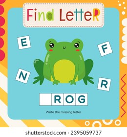 Actividades de Word para el Libro de seguimiento de letras. Juego para niños Buscar carta - Escribir letra perdida para F - Frog. Tarjeta flash para niños y profesores. Página de vectores imprimible para el libro de actividades