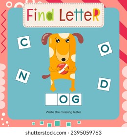 Word activities for Letter Tracing Book. Kids game Find letter – Write missing letter for D – Dog. Flash card for toddler and teacher. Vector printable page for Activity book