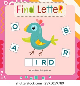 Word activities for Letter Tracing Book. Kids game Find letter – Write missing letter for B – Bird. Flash card for toddler and teacher. Vector printable page for Activity book