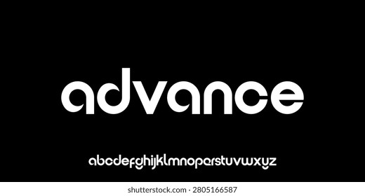 word advance, Modern rounded geometric sans serif typeface word , featuring a lowercase alphabet preview and clean logo typography. A minimalist font presentation ideal for branding