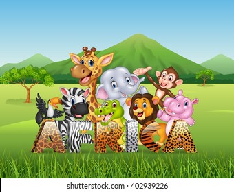 Word Africa with cartoon wild animal