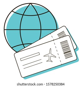 Word and airplane tickets icons. Vacation time. Business trip. Buying plane tickets. Design element. Vector illustration. 