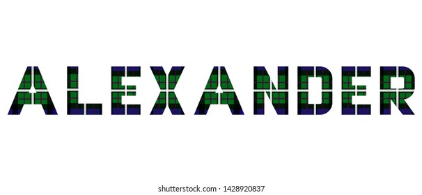 The word "Alexander" composed of letters from Alexander tartan. 