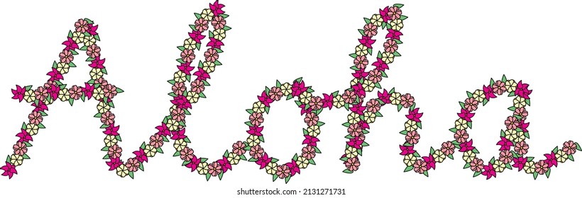 Word aloha made of illustrated pink and yellow flowers