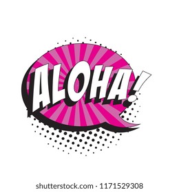 word aloha in retro comic speech bubble with strong shadow and halftone dotted shadows on white background