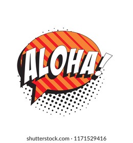 word aloha in retro comic speech bubble with strong shadow and halftone dotted shadows on white background