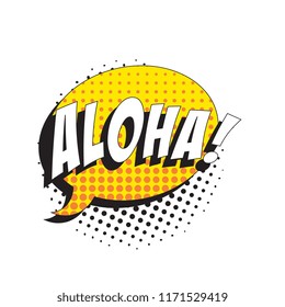 word aloha in retro comic speech bubble with strong shadow and halftone dotted shadows on white background