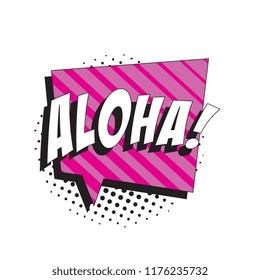 word aloha in retro comic speech bubble with strong shadow and halftone dotted shadows on white background