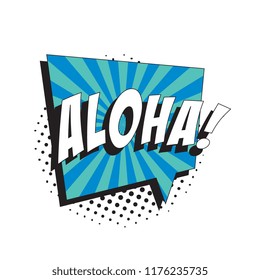 word aloha in retro comic speech bubble with strong shadow and halftone dotted shadows on white background