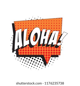 word aloha in retro comic speech bubble with strong shadow and halftone dotted shadows on white background