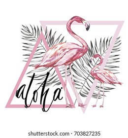 Word- Aloha. Two flamingos with tropical leaves. Element for design of invitations, movie posters, fabrics and other objects. Isolated on white. Geometry set. Vector EPS 10