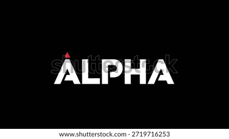 The word ALPHA is presented in stark white capital letters against a deep black background. A small, vibrant red triangle adorns the top of the