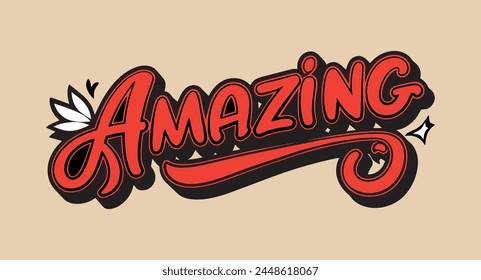 Word "Amazing" in Groovy retro style. Vintage hippie 70s 80s aesthetic theme. 