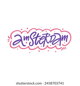 The word Amsterdam is displayed in an artistic font in shades of pink and purple on a white background. It is a vibrant and eyecatching design for a logo, brand, graphics, poster, or event