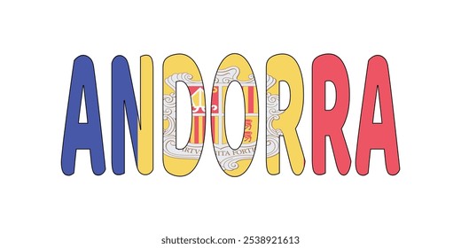 The word "Andorra" is displayed in large, bold letters. The letters are colored blue, yellow, and red, and the letter "O" is filled with the image of the Andorran flag.