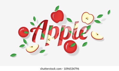 Word apple design decorated with red apple fruits and leaves in paper art style , vector , illustration