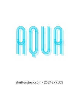 Logotipo de la palabra aqua que forma la tipografía azul transparente del arte creativo de los tubos con letras fluidas y brillantes 3D, elemento brillante y minimalista del diseño que representa el concepto del tema del agua.