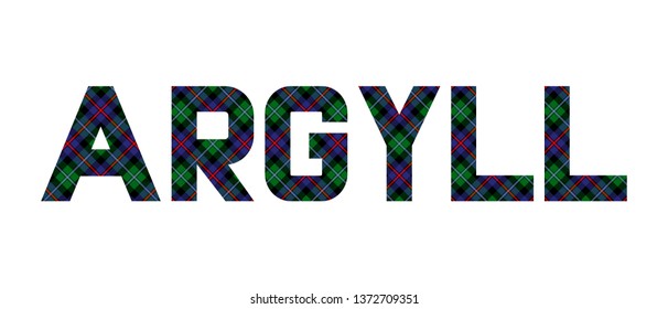 The word "Argyll" composed of letters from the diagonal Argyll tartan. Transparent background.