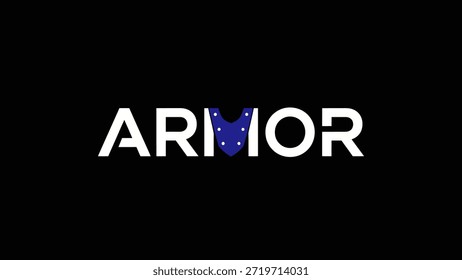 A palavra "ARMOR" é apresentada em negrito tipografia branca contra um fundo preto. A letra "O" é substituída por um azul estilizado em forma de V