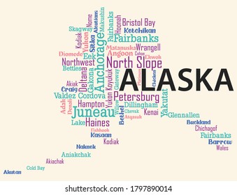 Word art design includes all counties and major cities in the state of Alaska. It is an editable vector.