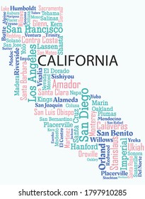Word art design includes all counties and major cities in the state of California. It is an editable vector.
