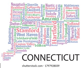 Word art design includes all counties and major cities in the state of Connecticut. It is an editable vector.