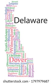 Word art design includes all counties and major cities in the state of Delaware. It is an editable vector.