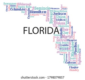 Word art design includes all counties and major cities in the state of Florida. It is an editable vector.