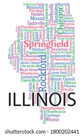 Word art design includes all counties and major cities in the state of Illinois. Four different font with four different colors. It is an editable vector.