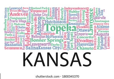 Word art design includes all counties and major cities in the state of Kansas. Four different font with four different colors. It is an editable vector.