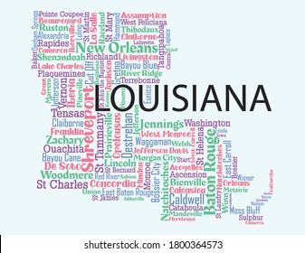 Word art design includes all counties and major cities in the state of Louisiana. Four different colors with four different fonts . It is an editable vector.