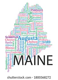 El diseño artístico de Word incluye todos los condados y las principales ciudades del estado de Maine. Cuatro colores diferentes con cuatro tipos de letra diferentes. Es un vector modificable.
