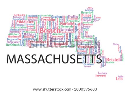 Word art design includes all counties and major cities in the state of Massachusetts. Four different colors with four different fonts . It is an editable vector.