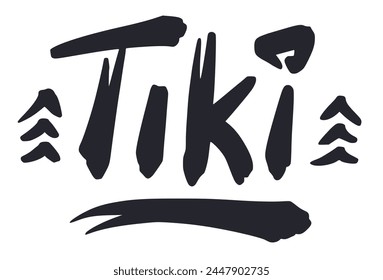 Word art design with tiki lettering, typography inscription for polynesian or hawaiian culture. Stylized inscription spelling 'tiki'. Monochrome outline style or black and white lines.