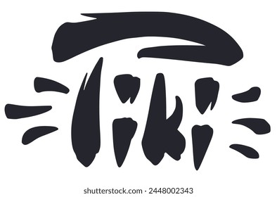 Word art design with tiki lettering, typography inscription for polynesian or hawaiian culture. Stylized inscription spelling 'tiki'. Monochrome outline style or black and white lines.