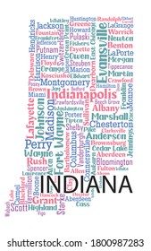 Word art map design includes all counties and major cities in the state of Indiana. Four different colors with four different fonts . It is an editable vector.