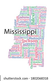 Word art map design includes all counties and major cities in the state of Mississippi. Four different colors with four different fonts . It is an editable vector.