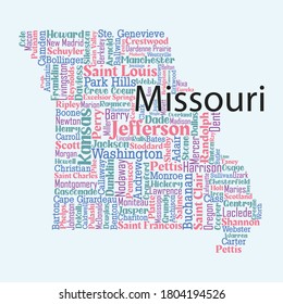 Word art map design includes all counties and major cities in the state of Missouri. Four different colors with four different fonts . It is an editable vector.