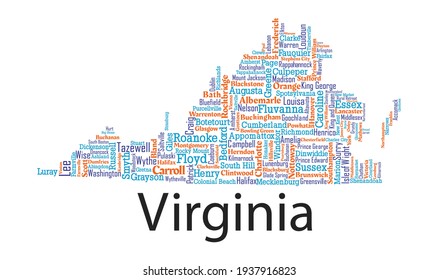 Word art map design includes all Counties, Major Cities and Municipalities in the state of Virginia. It's an editable vector file.