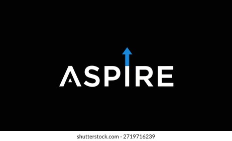 The word "ASPIRE" is presented in bold white lettering against a stark black background, with a vibrant blue arrow pointing upwards emerging from