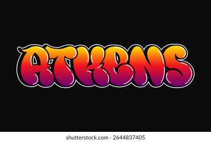 The word Athens in a vibrant, colorful graffiti style, set against a stark black background, creating a bold visual statement.