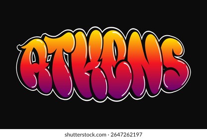 The word Athens in a vibrant, colorful graffiti style, set against a stark black background, creating a bold visual statement.