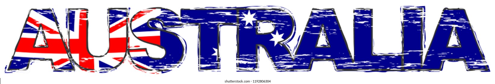 Word AUSTRALIA with Australian national flag under it, distressed grunge look.