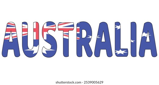 La palabra AUSTRALIA se muestra en letras Grandes y en negrita. Las letras están delineadas en azul y rellenas con la Imagen de la bandera australiana, con la Union Jack, la constelación de Southern Cross.