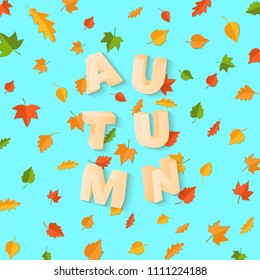 Word AUTUMN composition with green yellow red leaves on blue background in paper cut style. Fall leaf 3d realistic letters for design poster, banner, flyer T-shirt printing. Vector card illustration