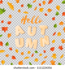 Word AUTUMN composition with green yellow red leaves with shadow in paper cut style. Fall leaf 3d realistic letters for design poster, banner, flyer T-shirt printing. Vector card illustration.