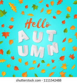 Word AUTUMN composition with green yellow red leaves on blue background in paper cut style. Fall leaf 3d realistic letters for design poster, banner, flyer T-shirt printing. Vector card illustration.