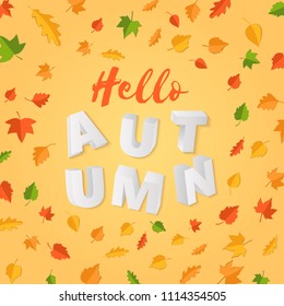 Word AUTUMN composition with green yellow red leaves on yellow background in paper cut style. Fall leaf 3d realistic letters for design poster, banner, flyer T-shirt printing. Vector card illustration