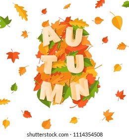 Word AUTUMN composition with green yellow red leaves on white background in paper cut style. Fall leaf 3d realistic letters for design poster, banner, flyer T-shirt printing, Vector card illustration